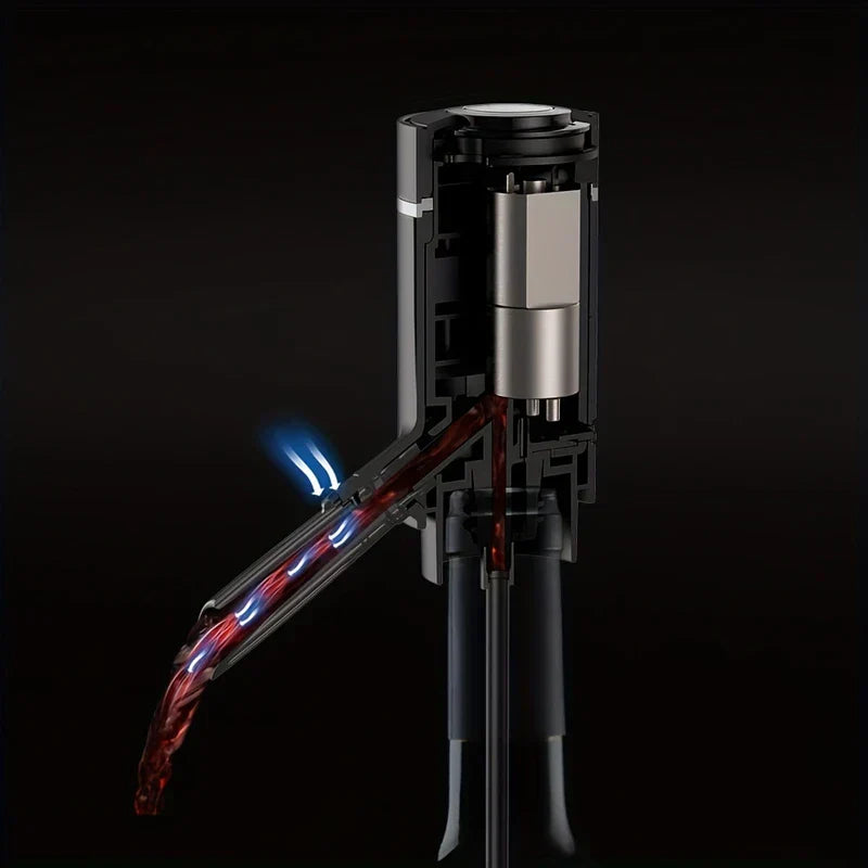 Wine Aerator Pourer - Cutaway diagram of wine dispenser showing internal mechanism, with wine flowing out of the spout and aeration air arrows shown