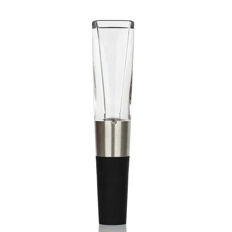 Electric Wine Aerator Pump - Front view of wine pourer with clear acrylic top, stainless steel middle band, and black rubber bottle stopper base