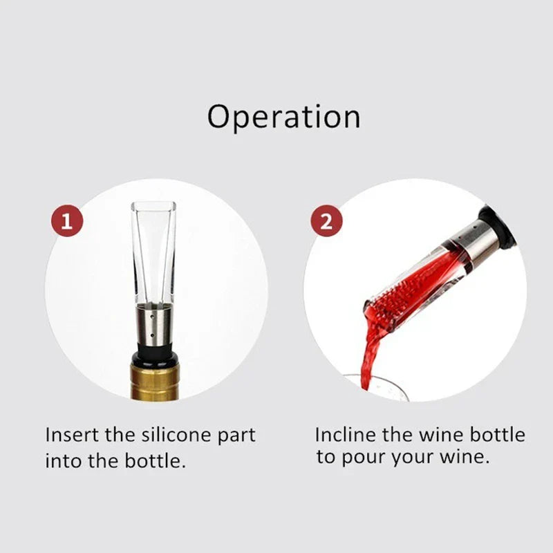Electric Wine Aerator Pump - Two-step use diagram: first inserting the pourer into a bottle neck, then pouring red wine from the tilted bottle through the device