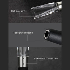 Electric Wine Aerator Pump - Product part closeups labeled high clear acrylic, food grade silicone, and premium 304 stainless steel components