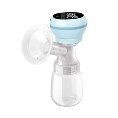 Portable Breast Pump - Light blue integrated electric breast pump with digital top control panel, clear flange and collection bottle, on white background