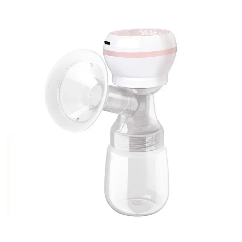 Portable Breast Pump - White and pink integrated electric breast pump with top control area, clear flange and collection bottle, on white background