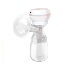 Portable Breast Pump - White and pink integrated electric breast pump with top control area, clear flange and collection bottle, on white background