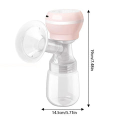 Portable Breast Pump - Integrated pink and clear electric breast pump with size dimensions, measured 19cm tall and 14.5cm wide.