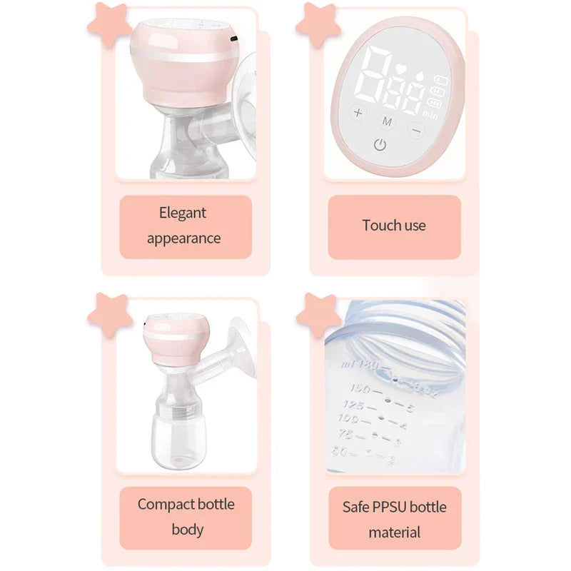 Portable Breast Pump - Four-panel feature grid for a pink integrated breast pump, showing product views, touch control panel, and bottle details