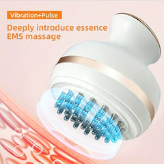 Energy Pen - Close-up of a white beauty device head showing vibration, pulse, and EMS massage contact points over a skin cross-section graphic.