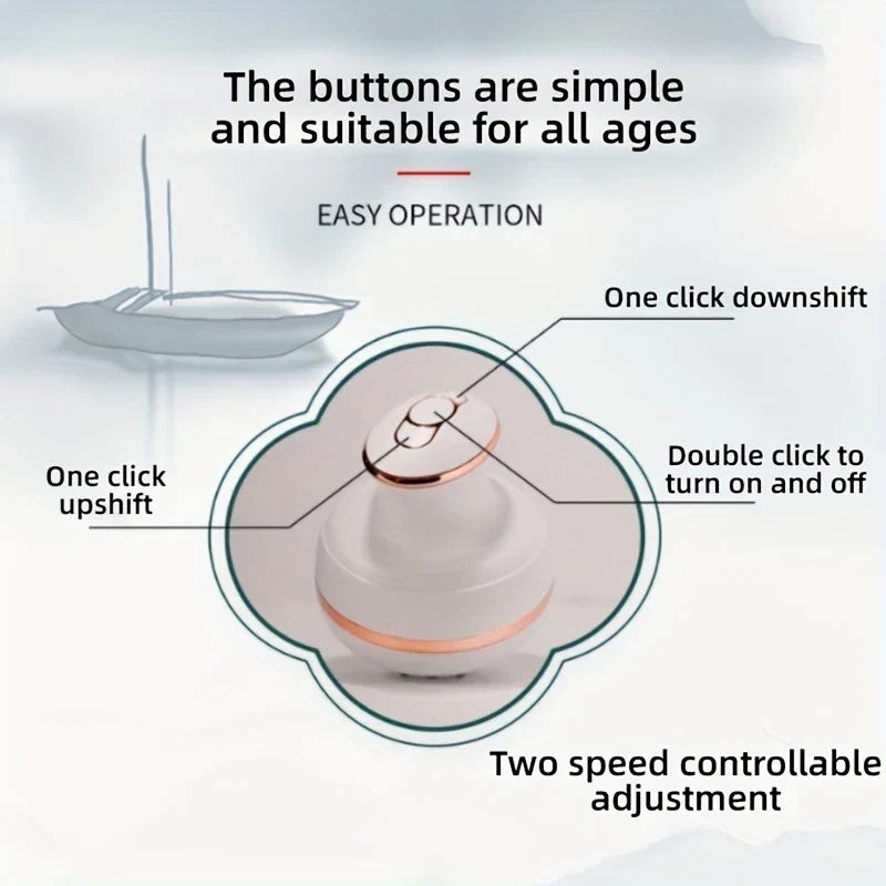 Illustration eines kleinen runden weißen und goldenen Massagegeräts mit Textbeschriftungen für Tastenfunktionen auf hellem Wasser-Themenhintergrund