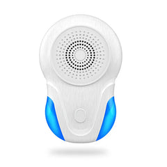 Electronic Indoor Pest Repellent Unit - Front view of white compact plug-in device with blue side accents and perforated speaker grille