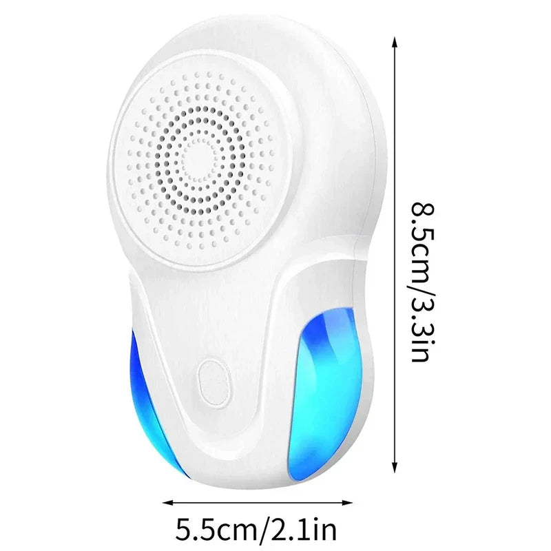 Electronic Indoor Pest Repellent Unit - White plug-in electronic device with dimension markings, showing 8.5cm height and 5.5cm width, with blue accent lights
