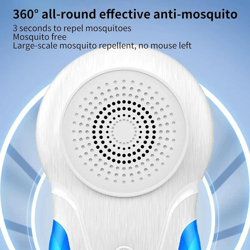 Electronic Indoor Pest Repellent Unit - Close-up of the white device's speaker grille, with text about 360-degree pest repellent above it