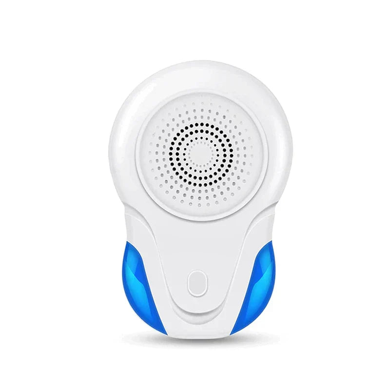White oval plug in mosquito repeller with blue side accents and a central speaker grille on a plain white background.