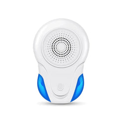 White oval plug in mosquito repeller with blue side accents and a central speaker grille on a plain white background.