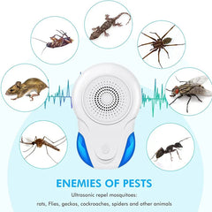 Plug in mosquito repeller centered, surrounded by circular images of various pests on a light blue background.