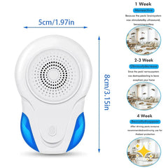 White and blue plug in mosquito repeller with size dimensions, and pest reduction timeline infographic on the right