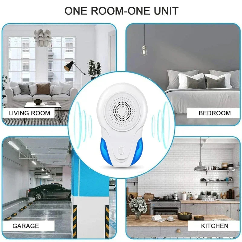 A plug in mosquito repeller at the center, surrounded by four images of living room, bedroom, garage, and kitchen