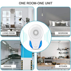 A plug in mosquito repeller at the center, surrounded by four images of living room, bedroom, garage, and kitchen
