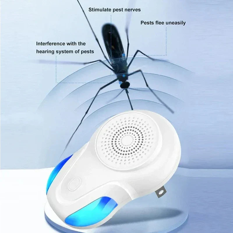 Plug in mosquito repeller with glowing blue accents emits visible waves toward a large illustrated mosquito.