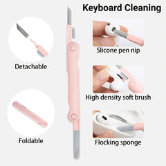 Cleaning Kit - Foldable pink multi-function cleaning tool, with closeups of its detachable design, silicone tip, soft brush, and flocking sponge, used cleaning an earbud case.