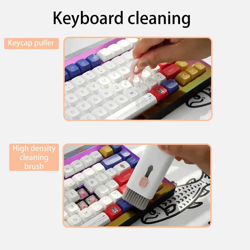 Cleaning Kit - Keyboard cleaning tool demonstrations: keycap puller removing a keyboard key, and high density brush cleaning between keyboard keys.