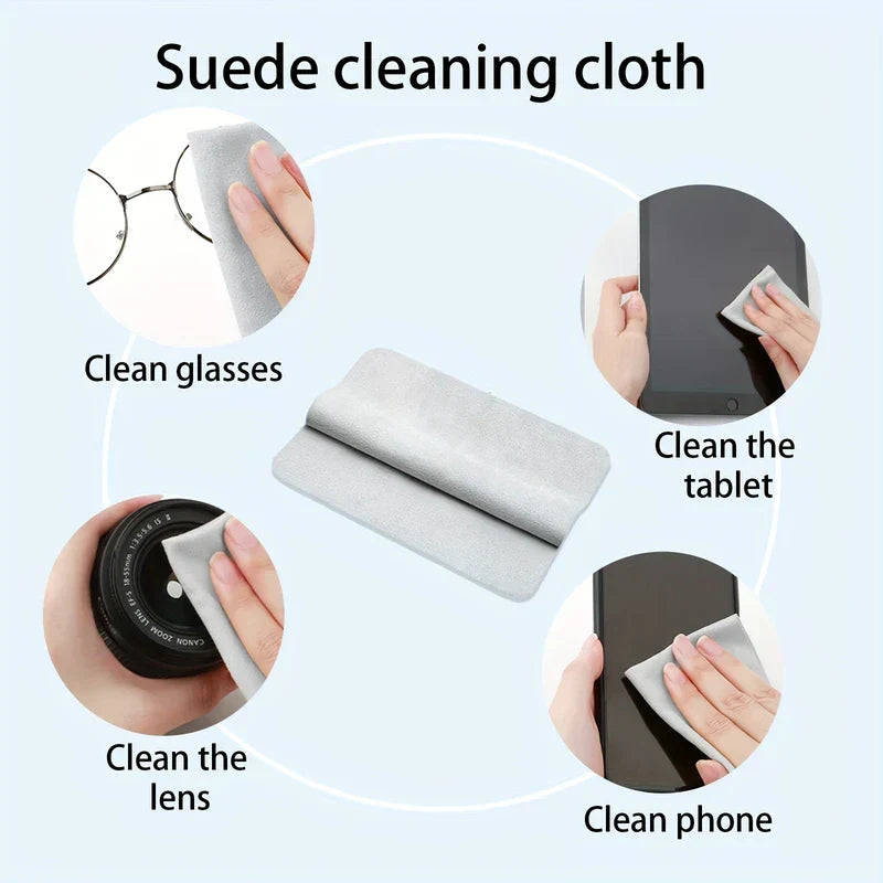 Cleaning Kit - Light grey suede cleaning cloth, shown cleaning glasses, a tablet, a camera lens, and a smartphone.