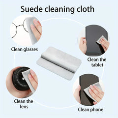 Cleaning Kit - Light grey suede cleaning cloth, shown cleaning glasses, a tablet, a camera lens, and a smartphone.