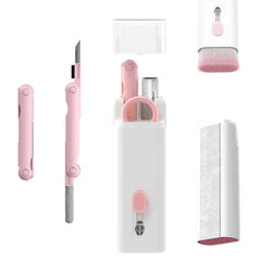 Cleaning Kit - White and pink multi-function electronic cleaning tool set with case, soft retractable bristle brush, and swivel dual-head cleaning tool shown in open and closed positions.