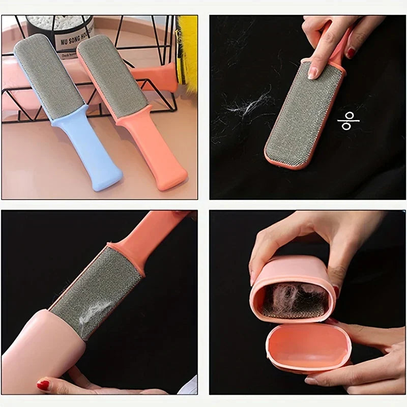 Four-panel display showing two colored brushes, use on dark fabric, and a pet hair remover brush with its pink hair-collecting case