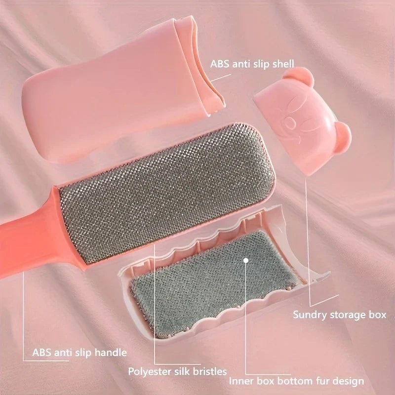 Disassembled pink pet hair remover brush set with labeled parts laid out on soft pink fabric