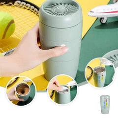 Suction Tumbler Mug - Hand holding a light green Engine Cup, with inset views showing liquid vortex, battery compartment, and pouring water into the cup