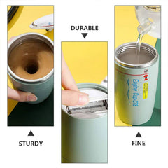 Suction Tumbler Mug - Three-panel view: cup with swirling brown liquid, hand opening battery compartment, water being poured into the cup, with text labels.
