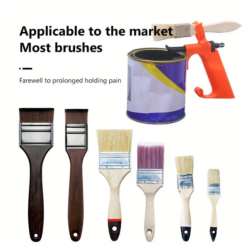 Paint Can Holder Grip - An orange paint holder tool attached to a paint can holding a brush, with six assorted paint brushes arranged in front