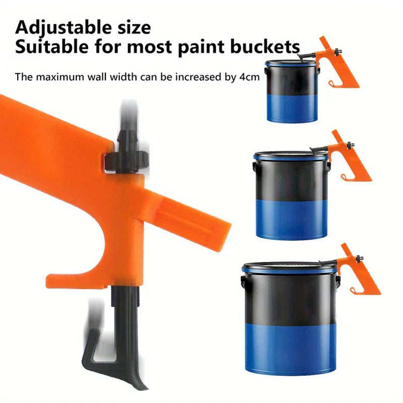 Paint Can Holder Grip - Adjustable orange and black paint bucket tool shown mounted on three different sized paint buckets, with size adjustment detail visible
