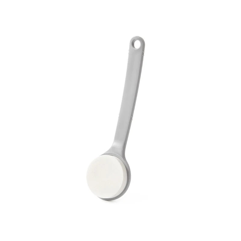 Loofah - Long-handled bath brush with white round cleansing pad, gray plastic handle with hanging hole