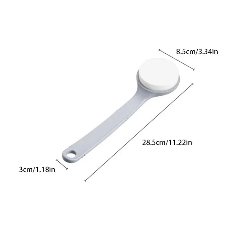 Loofah - Long-handled bath brush with dimension labels showing its measurements on a plain white background