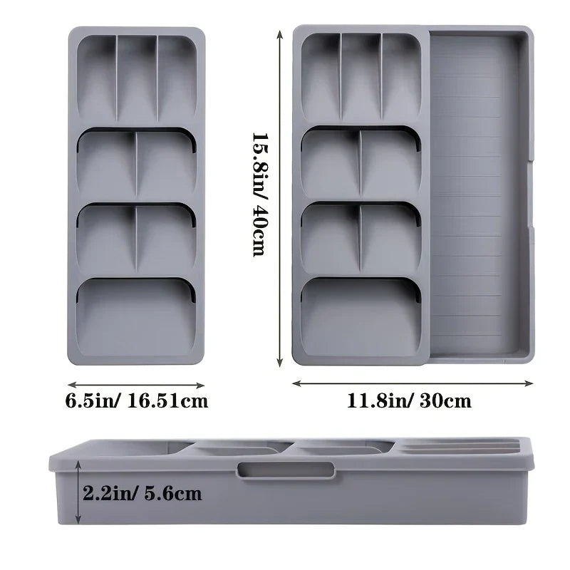 Cutlery Drawer Organizer - Gray extendable plastic cutlery tray with dimensions labeled, shown in contracted and extended top-down and side profile views.