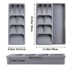 Cutlery Drawer Organizer - Gray extendable plastic cutlery tray with dimensions labeled, shown in contracted and extended top-down and side profile views.