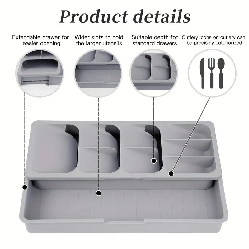 Cutlery Drawer Organizer - Close-up product detail view of extended gray cutlery tray highlighting four design features with circular callouts.