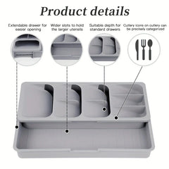 Cutlery Drawer Organizer - Close-up product detail view of extended gray cutlery tray highlighting four design features with circular callouts.