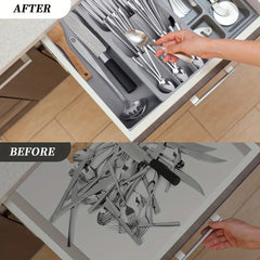 Cutlery Drawer Organizer - Split before-and-after view: lower section shows open drawer with jumbled cutlery, upper shows same drawer with organized cutlery tray, hand holding a spoon.