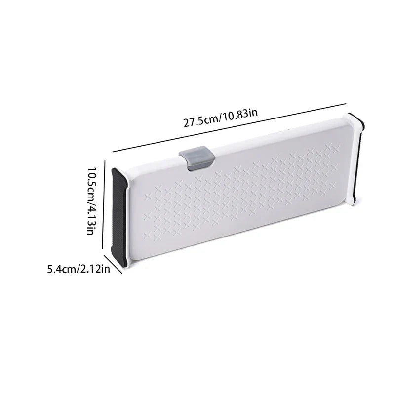 Closet Drawer Organizer - White adjustable drawer divider with labeled dimensions shown on white background
