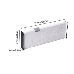 White expandable closet drawer organizer with dimension labels on a white background
