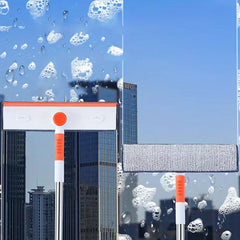 Window Screen Cleaner - Dual cleaning heads shown against soapy glass: one with squeegee edge, one with microfiber brush surface, with city skyline in background