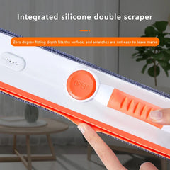 Window Screen Cleaner - Close-up of integrated silicone double scraper on cleaning head, with orange release button and textured grip section