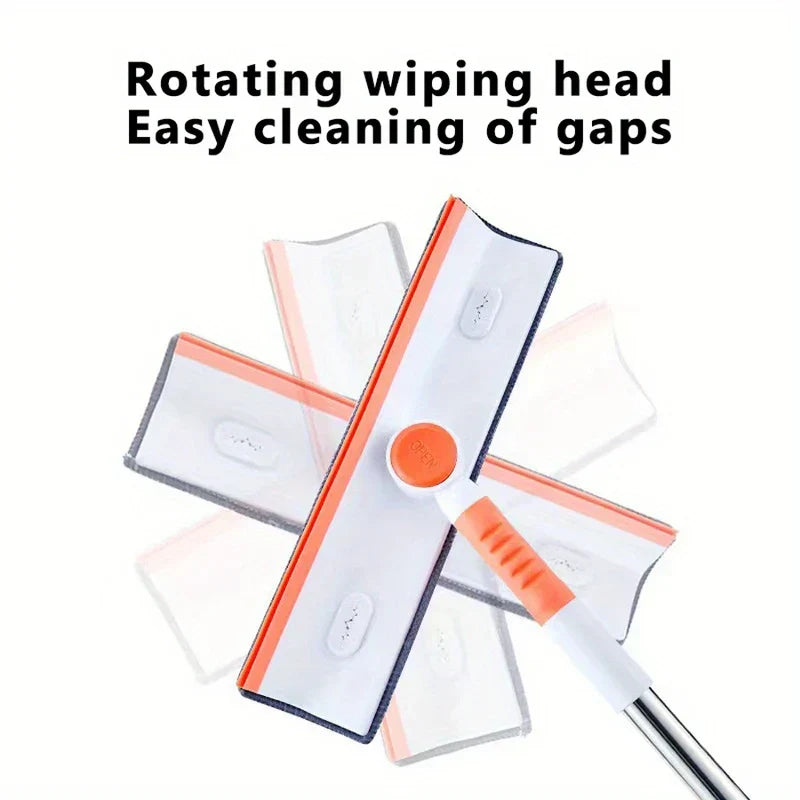 Window Screen Cleaner - Flat cleaning mop head shown at multiple rotation angles, with white and orange plastic parts