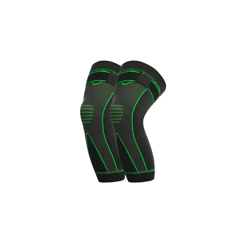 Compression Knee Brace Sleeve - Pair of black knit knee sleeves with bright green accent stitching and top adjustment straps