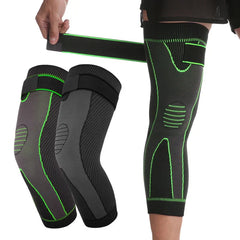 Compression Knee Brace Sleeve - Set of two knee sleeves next to a leg demonstrating the adjustable top strap fastening