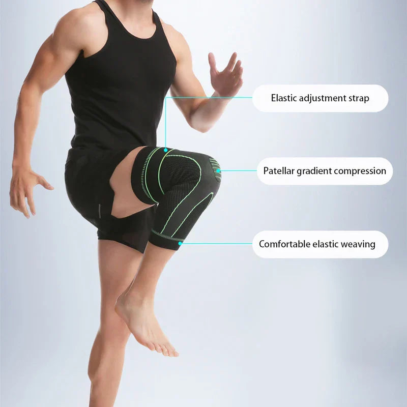 Compression Knee Brace Sleeve - Knee sleeve worn on an active person with labeled feature callouts for strap, patellar support, and knit construction