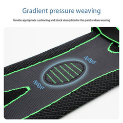 Compression Knee Brace Sleeve - Close-up of a woven knee brace section with a highlighted oval padded area outlined in green stitching