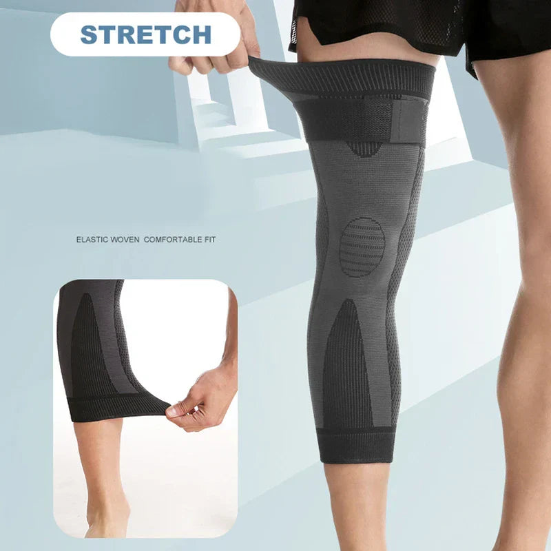 Compression Knee Brace Sleeve - A person stretches a long knee sleeve on their leg, with an inset close-up showing the sleeve's lower elastic edge