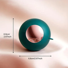 Teal spherical sticky lint roller ball, 6.8cm/2.67inch in height and diameter, with a rose gold sticky surface and small side tab.